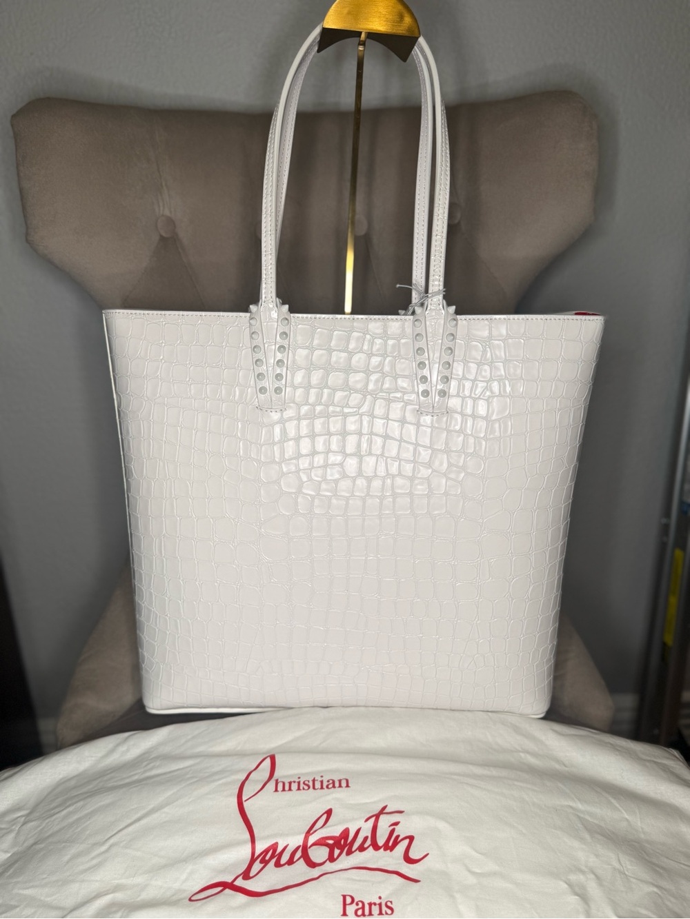 Christian Louboutin White Croc-Embossed Leather Tote